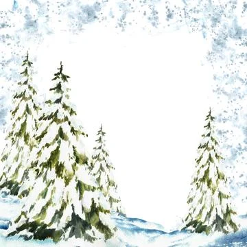 Winter Landscape frame with snowy snowdrops, pine, fir trees and frosty for.. Ilustración de archivo