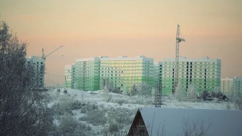 Winter landscape. frozen buildings on sunset. Stock Footage 84828853
