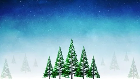 Winter landscape with green pine trees forest and falling snow animation Video stock 347869718