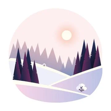 Winter landscape hills of snow forest trees sunny day Stock Illustration