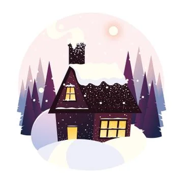 Winter landscape house snowfall forest trees panoramic Stock Illustration