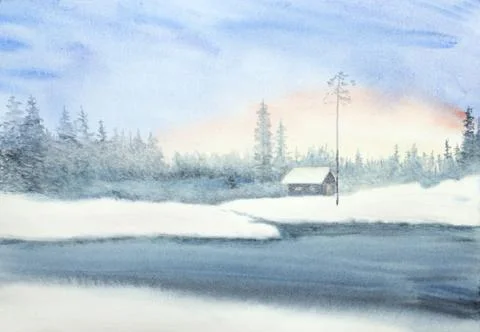 Winter landscape with a hut Stock Illustration