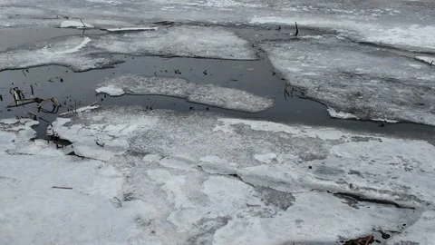 Winter landscape with ice on the river. Cracked ice on the lake. Frosty win.. Video stock 303048296