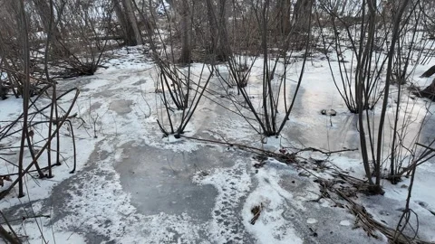 Winter landscape with ice on the river. Cracked ice on the lake. Frosty win.. Video stock 303048719