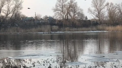 Winter landscape with ice on the river. Cracked ice on the lake. Frosty win.. Video stock 303048918
