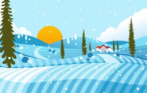 Winter Landscape illustration in countryside while  snow falling with house, Stock Illustration