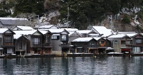 Winter landscape of Ine no Funaya boathouses in Kyoto Japan Stock Footage 337451447