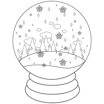 Winter landscape inside a snow globe. Vector black and white coloring page Ilustração Stock