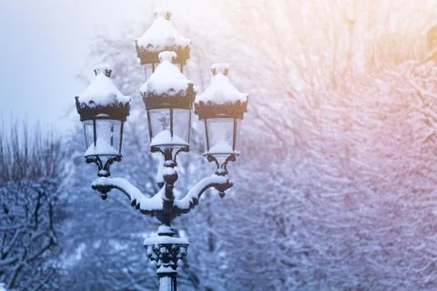 Winter landscape with lamp post under the snow Stock Photos
