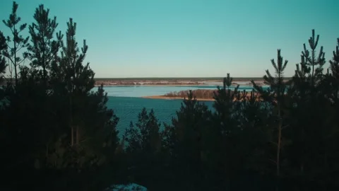 Winter landscape. A large river with islands, fir trees, forest. Stock Footage 238480945