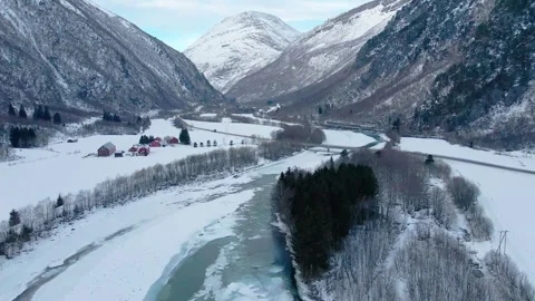 Winter Landscape of More og Romsdal, Norway,  Aerial View of Frozen River and Mo Stock Footage 315470193