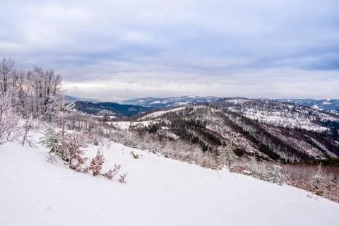 Winter landscape in mountains with cloudy arch, slovakia Beskid Mountains Vel Stock Photos