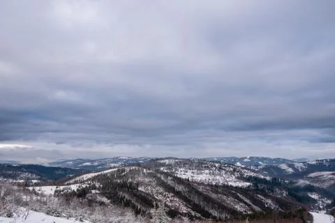 Winter landscape in mountains with cloudy arch, slovakia Beskid Mountains Vel Stock Photos