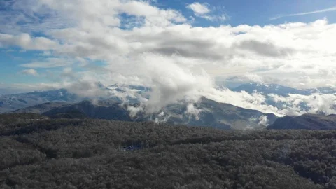 Winter landscape: mountains covered with forest. Aerial shoot Stock Footage 116786456