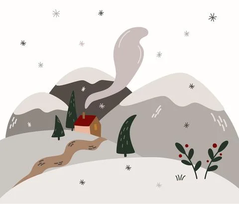 Winter landscape with mountains. Cute vector illustration of the Christmas, N Stock Illustration