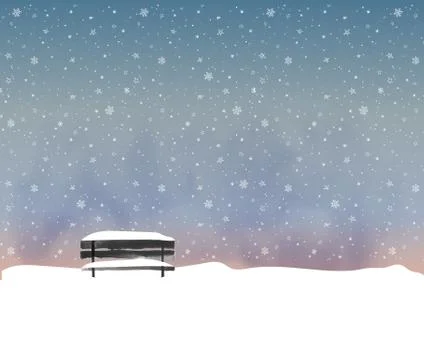 Winter landscape with old black bench in night snowfall. Vector illustration  Illustrazione stock