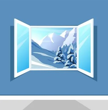Winter landscape. Open window. Home room. Looking through glass. Cold weather Stock Illustration