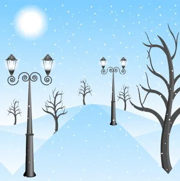 Winter landscape in a park with lanterns Stock Illustration