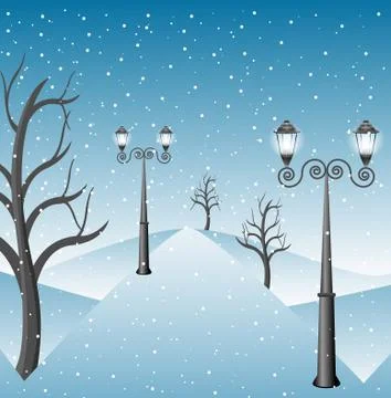 Winter landscape in a park with lanterns Stock Illustration