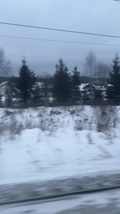 Winter landscape passing by the train window, with forests and villages seen  Stock Footage 305389314