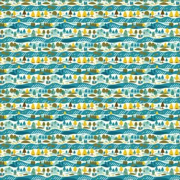 Winter landscape pattern with mountains, trees, and snowflakes. Ideal for s.. Stock Illustration