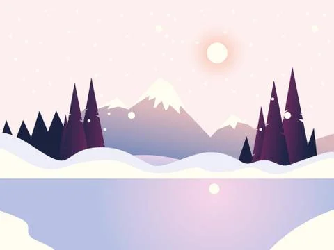 Winter landscape peak mountain pine forest and lake Stock Illustration