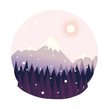 Winter landscape peak mountain pine forest trees and snowfall Stock Illustration