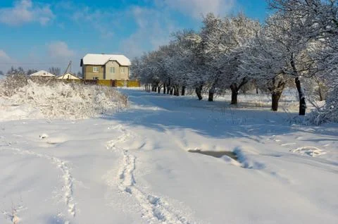 Winter landscape with pedestrian path through snow covered earth road Foto stock