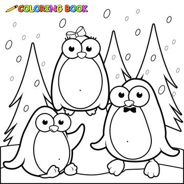 Winter landscape with penguins in the snow. Vector black and white coloring page Stock Illustration