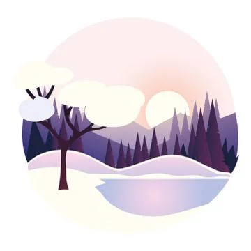 Winter landscape pine forest mountains round design Stock Illustration