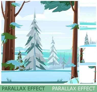 Winter landscape in pine forest. View of snowy fields. set of slides create Stock Illustration