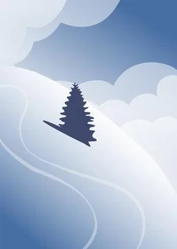Winter landscape with pine tree on the snowy hill. Vector Happy New Year 스톡 일러스트