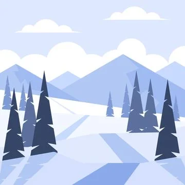 Winter landscape with pine trees and mountains. Flat style vector illustration. 스톡 일러스트