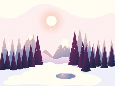 Winter landscape pine trees forest mountains sky Illustrazione stock