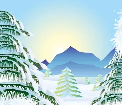 Winter landscape pine trees with snow mountains and sun background Stock Illustration