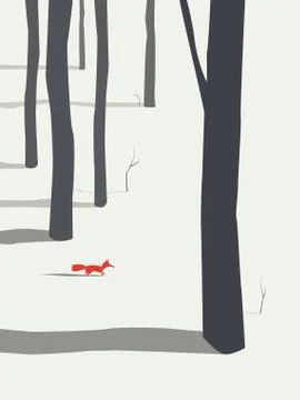 Winter landscape poster background with forest and fox. Christmas vector card Stock Illustration