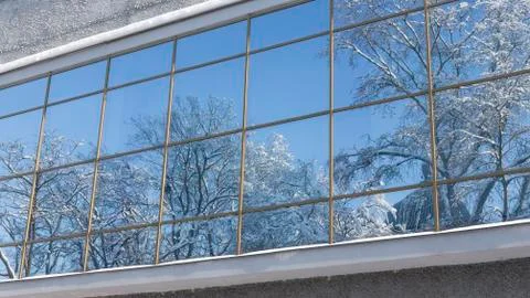 Winter landscape reflected in the window Stock Photos