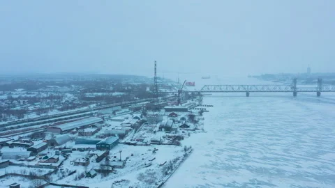 Winter landscape of the river and the bridge over it. Stock Footage 156959286