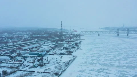 Winter landscape of the river and the bridge over it. Stock Footage 157272797