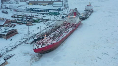 Winter landscape of the river and moored ships at the shore. Stock Footage 157272227