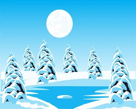 Winter landscape river and tree in snow Stock Illustration