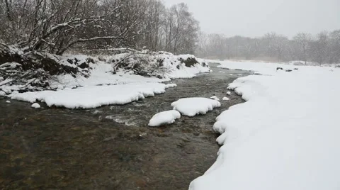 Winter landscape on the river with falling snow, March, Russia. Stock Footage 47890791