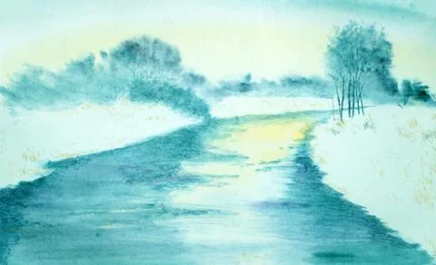 Winter landscape with river Stock Illustration