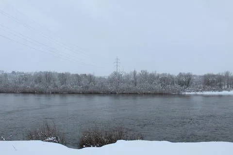 Winter landscape. River lake without ice swamp plants neg. winter entertainme Stock Photos