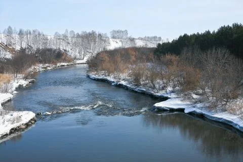 Winter landscape with  river Stock Photos