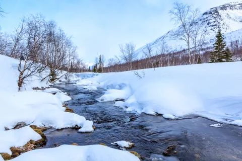 Winter landscape with river, trees and mountain Stock Photos