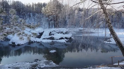 Winter landscape river water forest Stock Footage 71669662