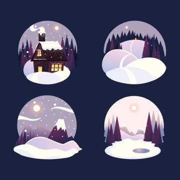 Winter landscape in a round frames snowy day in mountains with forest Stock Illustration