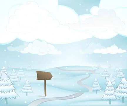 Winter landscape scene with pointer and snowy spruce at snowfall vector 스톡 일러스트