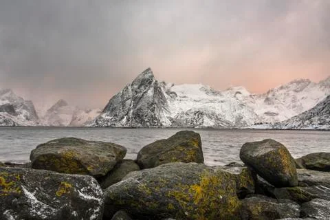 Winter landscape with sea and mountains in Hamnoy, Norway Stock Photos